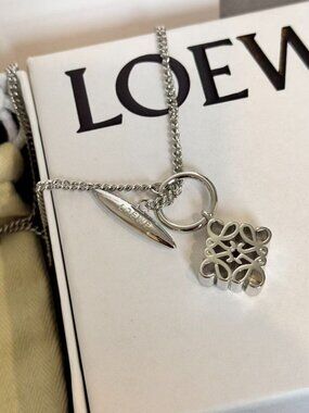 Loewe Anagram Charm Necklace Silver Tone Logo Pendant w/ Box